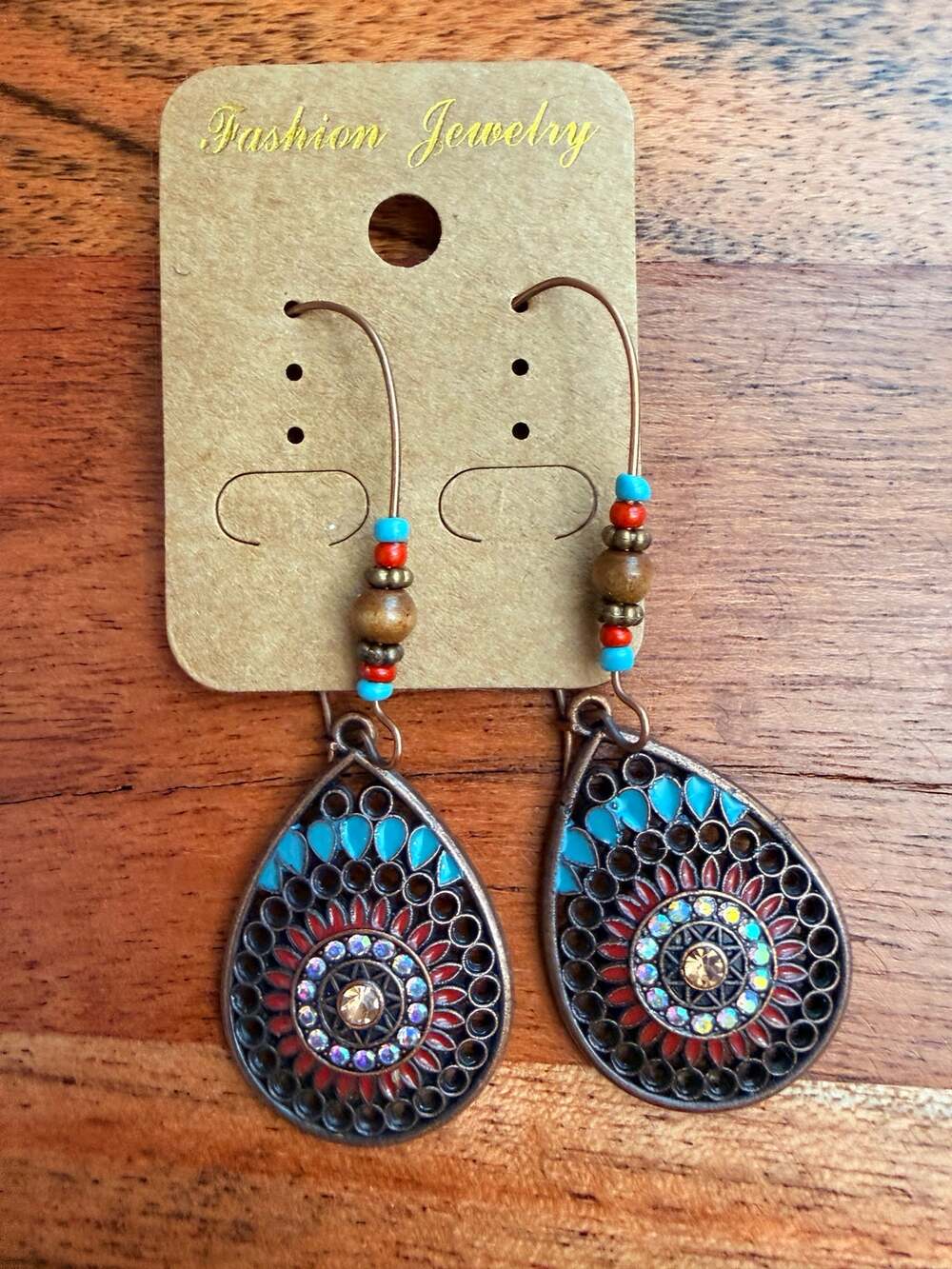 New Boho Turquoise Blue Red Enamel Rhinestone Teardrop Dangle Earrings